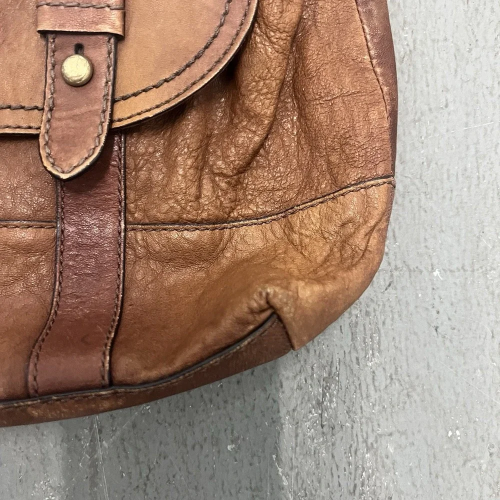 Fossil Leather Satchel Crossbody Bag Cognac Brown Brass Turnlock Key Charm Purse
